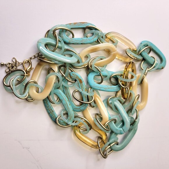 Two Tone Link Chain Necklace Blue and Beige Gold Chain Necklace - Picture 2 of 9
